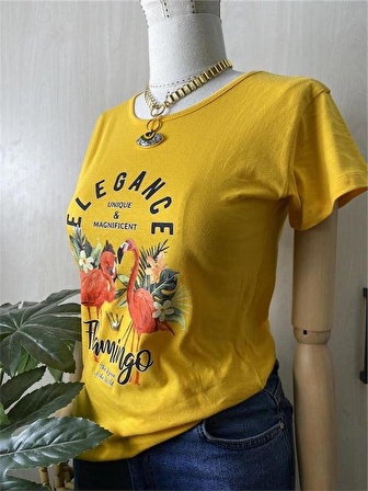 Flamingo Baskılı Sarı Tshirt