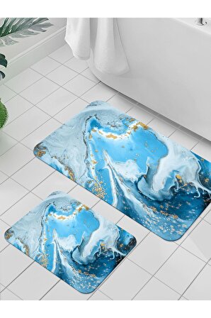 Dijital Baskılı Yıkanabilir Kaymaz Taban 2li Banyo Halısı Paspas Klozet Takımı