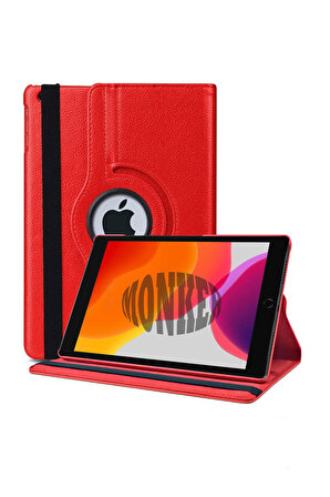 Monker iPad 7. Nesil 10.2 inç Uyumlu Kırmızı Tablet Kılıfı Dönebilen Standlı Suni Deri