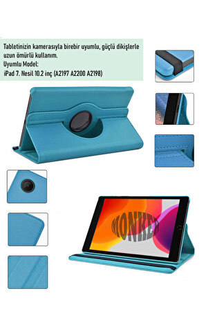 Monker iPad 7. Nesil 10.2 inç Uyumlu Mavi Tablet Kılıfı Dönebilen Standlı Suni Deri
