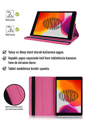 Monker iPad 7. Nesil 10.2 inç Uyumlu Pembe Tablet Kılıfı Dönebilen Standlı Suni Deri