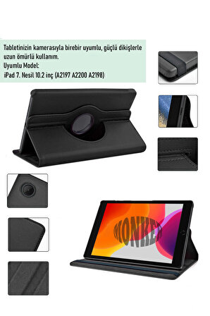 Monker iPad 7. Nesil 10.2 inç Uyumlu Siyah Tablet Kılıfı Dönebilen Standlı Suni Deri