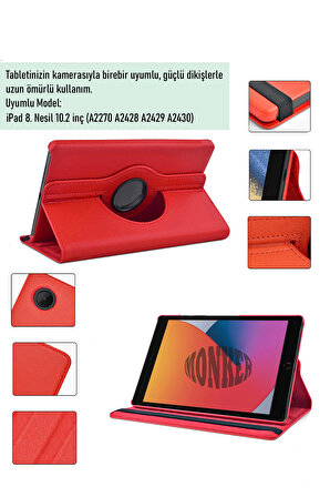 Monker iPad 8. Nesil 10.2 inç Uyumlu Kırmızı Tablet Kılıfı Dönebilen Standlı Suni Deri