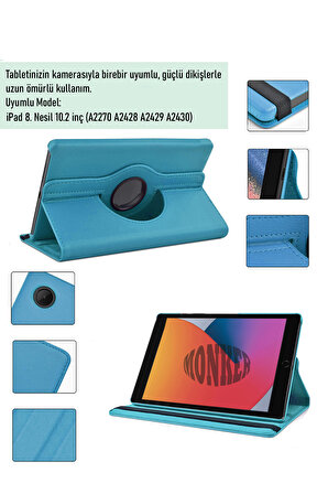 Monker iPad 8. Nesil 10.2 inç Uyumlu Mavi Tablet Kılıfı Dönebilen Standlı Suni Deri