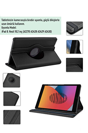 Monker iPad 8. Nesil 10.2 inç Uyumlu Siyah Tablet Kılıfı Dönebilen Standlı Suni Deri
