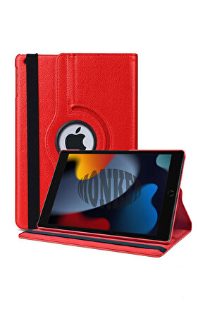 Monker iPad 9. Nesil 10.2 inç Uyumlu Kırmızı Tablet Kılıfı Dönebilen Standlı Suni Deri