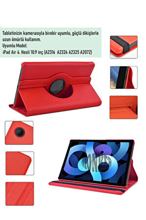Monker iPad Air 4 10.9 inç 2020 Uyumlu Kırmızı Tablet Kılıfı Dönebilen Standlı Suni Deri