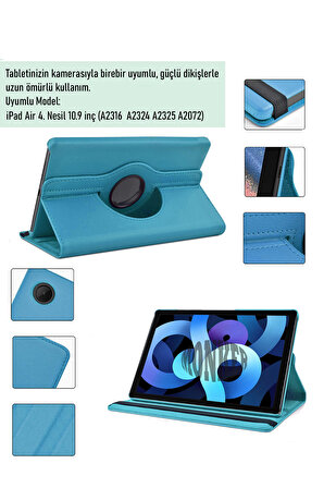Monker iPad Air 4 10.9 inç 2020 Uyumlu Mavi Tablet Kılıfı Dönebilen Standlı Suni Deri