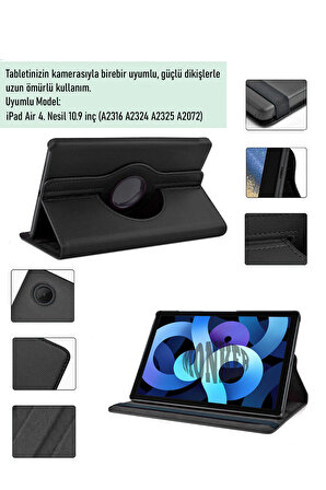 Monker iPad Air 4 10.9 inç 2020 Uyumlu Siyah Tablet Kılıfı Dönebilen Standlı Suni Deri