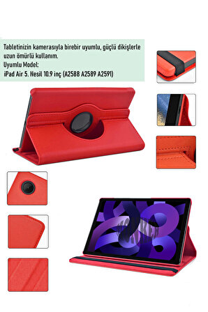 Monker iPad Air 5 10.9 inç 2022 Uyumlu Kırmızı Tablet Kılıfı Dönebilen Standlı Suni Deri