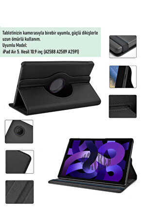 Monker iPad Air 5 10.9 inç 2022 Uyumlu Siyah Tablet Kılıfı Dönebilen Standlı Suni Deri