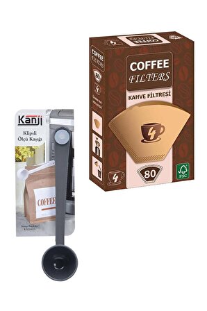 Klipsli Ölçü Kaşığı + Coffee Filters Kahverengi Filtre Kahve Kağıdı 1/4 4 Numara 80'li Paket