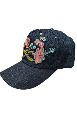 Bayan Çiçek Desenli Simli Şapka