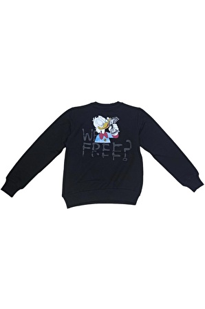 Erkek Çocuk /Kız Çocuk Free Yazı Ördek Desenli Çift Taraf Baskılı Siyah Sweatshirt