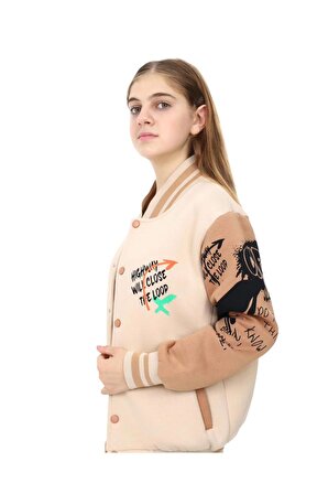 Kız Çocuk /Erkek Çocuk Highway Yazı Desenli Kolları Önü Sırtı Baskılı Oversize Bej Kolej Hırka/ Kolej Ceket
