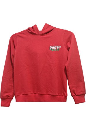 Erkek Çocuk /Kız Çocuk Önü Yazı Sırtı Ayıcık Desenli Kapüşonlu Kırmızı Sweatshirt