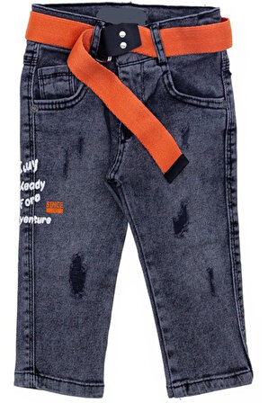 Erkek Çocuk Ready Yazı Desen Yırtık Detaylı Kemerli Füme Kot Pantolon