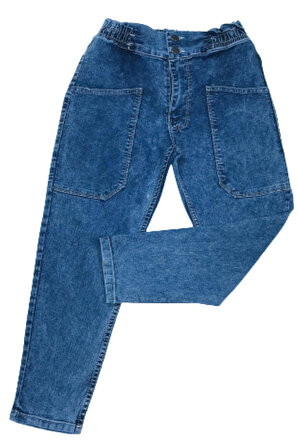 Kız Çocuk Cep Detaylı Beli Lastikli Mavi Kot Pantolon