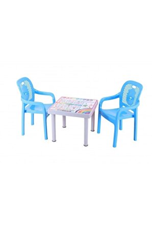 Plastik Mandella Rubi Ingilizce Desenli Çocuk Masası 2 Adet Rubi Çocuk Koltuk Mavi