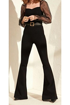 Kadın Siyah Yüksek Bel Ispanyol Paça Çelik Interlok Tayt Pantolon