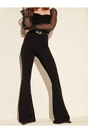 Kadın Siyah Yüksek Bel Ispanyol Paça Çelik Interlok Tayt Pantolon