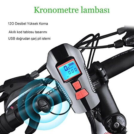 Bisiklet LCD Hız Göstergesi Su Geçirmez Şarjlı Led ışık KM Ekran Kronometre Bisiklet Kornası feneri
