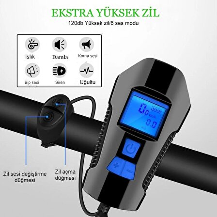 Bisiklet LCD Hız Göstergesi Su Geçirmez Şarjlı Led ışık KM Ekran Kronometre Bisiklet Kornası feneri