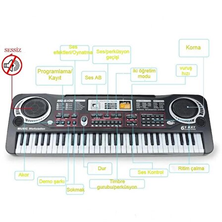 Çocuklar İçin Org Piyano Elektronik Keyboard 61 Tuşlu klavye Mikrofonlu Pilli Karaoke Enstrüman