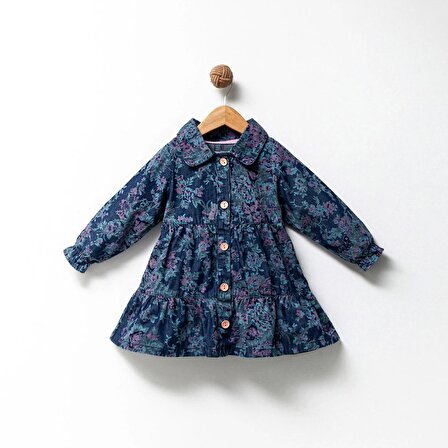 Jolbaby Çiçek Desenli Jean Kot Denim Kız Bebek Bayramlık Elbise
