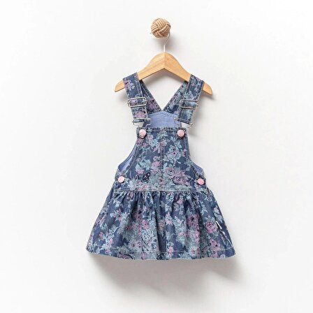 Jolbaby Çiçek Desenli Jean Kot Denim Kız Bebek Bayramlık Jile Elbise