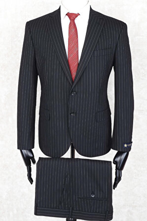 Jan Carlucci Regular Fit Mono Yaka İki Düğme-Çift Yırtmaç  Siyah Çizgili Drop 4 Takım Elbise