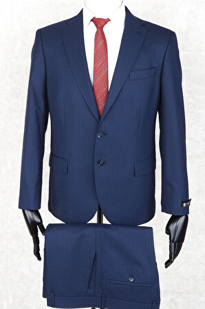 Jan Carlucci Regular Fit Mono Yaka İki Düğme-Çift Yırtmaç  Lacivert Çizgili Drop 4 Takım Elbise