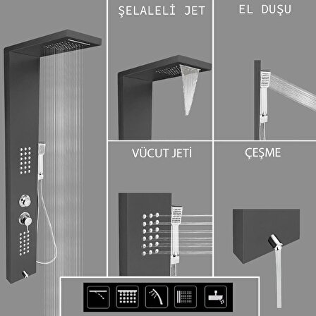 Victoria Metalik Füme Şelaleli Duş Sistemi- Dikey Jakuzi - Duş Robotu - El Duşu - Duş Başlığı