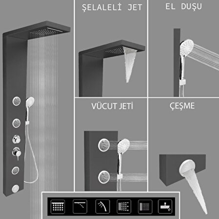 Venüs Metalik Füme Şelaleli Masajlı Duş Paneli- Dikey Jakuzi - Duş Robotu - El Duşu - Duş Başlığı