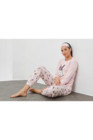 Göz Bantlı Peluş Baskılı Pijama Takım