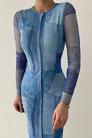 Kadın Mavi Kot Pantolon Desenli Uzun Kollu Astarlı Şifon Midi Premium Tül Elbise