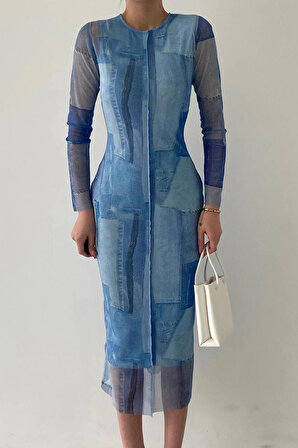 Kadın Mavi Kot Pantolon Desenli Uzun Kollu Astarlı Şifon Midi Premium Tül Elbise