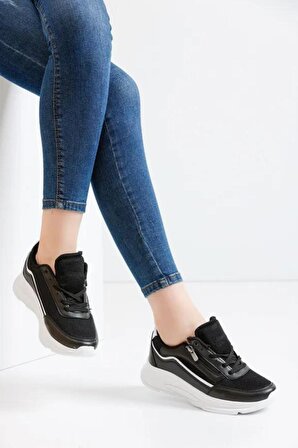 Fermuarlı Konforlu Siyah Beyaz Kadın Sneaker