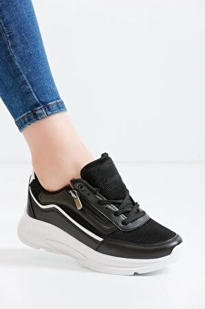 Fermuarlı Konforlu Siyah Beyaz Kadın Sneaker