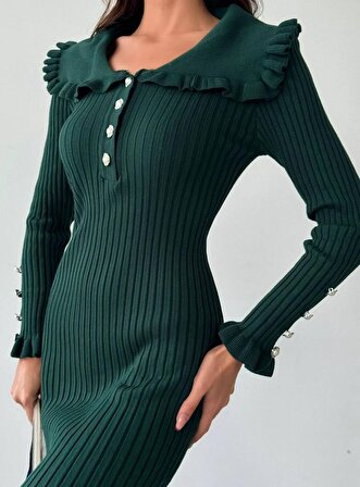 Düğme Detaylı Fitilli Triko Elbise