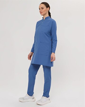 Açık Mavi Likralı Doktor Hemşire Cerrahi Scrubs Tesettür Forma Takımı