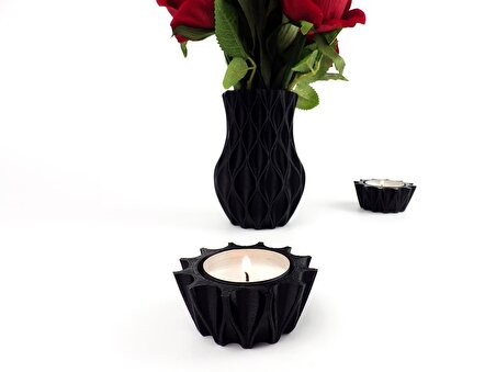K3DMakers Siyah Dekoratif Vazo Ve Tealight Mumluk 3'lü Dekorasyon