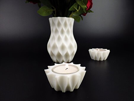 K3DMakers Beyaz Dekoratif Vazo Ve Tealight Mumluk 3'lü Dekorasyon