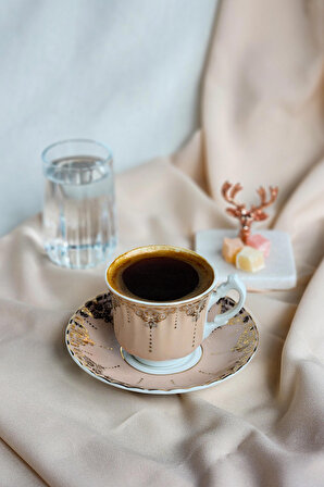 Rose Damat Kahvesi Seti: Fincan + Su Bardağı + Geyik Figürlü Mermer Lokumluk