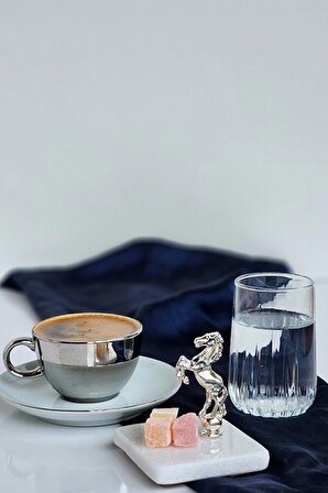 Gümüş Damat Kahvesi Seti: Fincan + Su Bardağı + At Figürlü Mermer Lokumluk