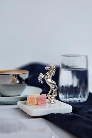 Gümüş Damat Kahvesi Seti: Fincan + Su Bardağı + At Figürlü Mermer Lokumluk