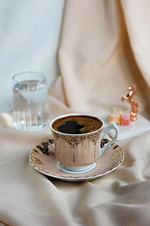 Rose Damat Kahvesi Seti: Fincan + Su Bardağı + At Figürlü Mermer Lokumluk