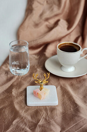 Altın Damat Kahvesi Seti: Fincan + Su Bardağı + Geyik Figürlü Mermer Lokumluk