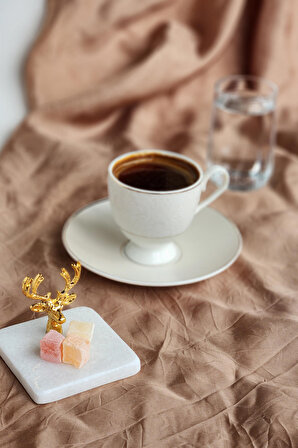 Altın Damat Kahvesi Seti: Fincan + Su Bardağı + Geyik Figürlü Mermer Lokumluk