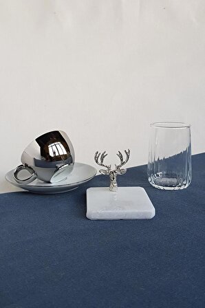 Gümüş Damat Kahvesi Seti: Fincan + Su Bardağı + Geyik Figürlü Mermer Lokumluk